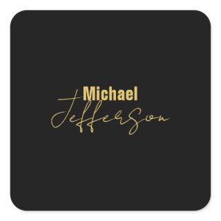 Gold black color elegant modern minimalist name square sticker
