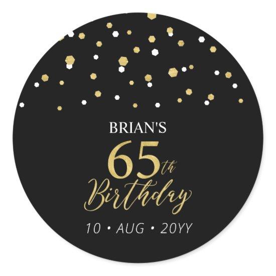 Gold & Black Confetti 65th Birthday Party Favor Classic Round Sticker