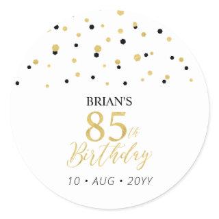 Gold & Black Confetti 85th Birthday Party Favor Classic Round Sticker