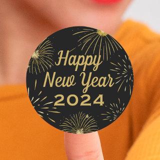 Gold Black Elegant 2024 Happy New Year Party Classic Round Sticker