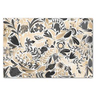 Gold Black Floral Leaves Illustration Pattern Tissue Paper