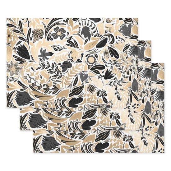 Gold Black Floral Leaves Illustration Pattern  Sheets
