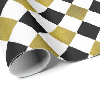 Gold, Black, + White Diamond Checkered Gift Wrap