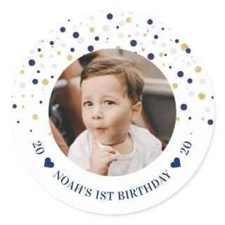 Gold & Blue Balloons | 1st Birthday Party Photo Classic Round Sticker