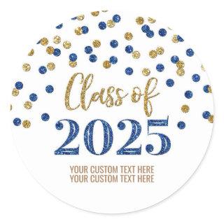 Gold Blue Confetti Graduation 2025 Classic Round Sticker