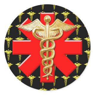 Gold Caduceus And Medical Cross Classic Round Sticker