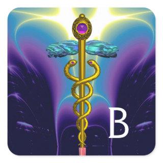 GOLD CADUCEUS MONOGRAM , Purple Blue Square Sticker