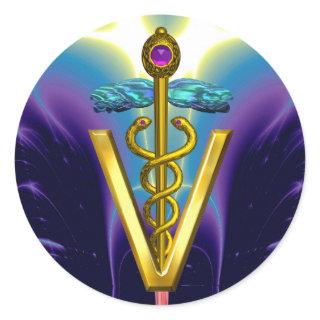 GOLD CADUCEUS VETERINARY SYMBOL Blue Purple Classic Round Sticker