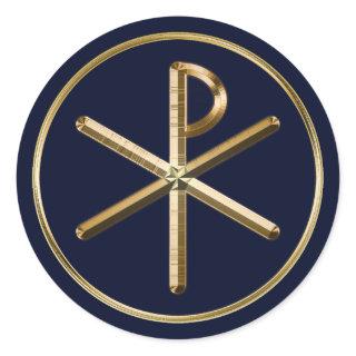 Gold Chi-Rho symbol on dark blue Classic Round Sticker