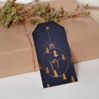 Gold Copper Christmas Decor and Trees on Dark Navy Gift Tags