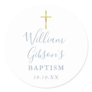 Gold Cross Baptism Christening Dusty Blue Classic Round Sticker