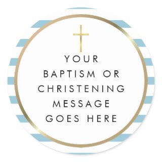 Gold Cross Blue Stripe Baptism Christening Message Classic Round Sticker