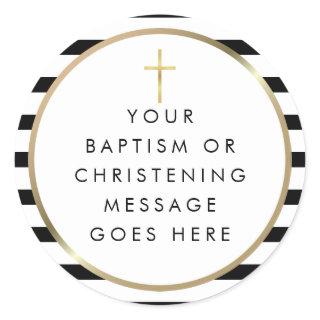 Gold Cross Chic Stripe Baptism Christening Message Classic Round Sticker
