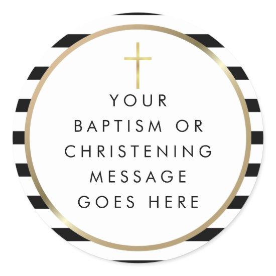 Gold Cross Chic Stripe Baptism Christening Message Classic Round Sticker