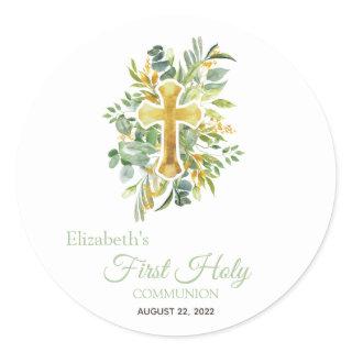 Gold Cross Leaves First Holy Communion  Classic Round Sticker