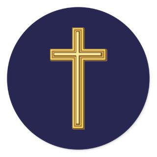 Gold Cross on Blue Classic Round Sticker