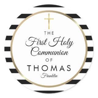 Gold Cross Stripe First Holy Communion Classic Round Sticker