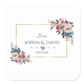 Gold Dusty Blue Pink Floral Monogram Square Sticker
