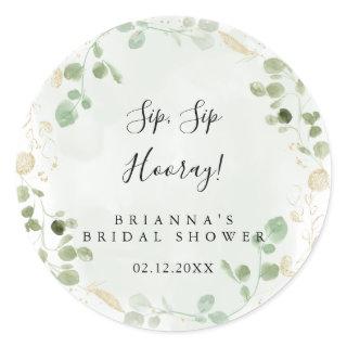 Gold Eucalyptus Sip Sip Hooray Bridal Shower  Classic Round Sticker
