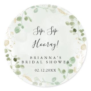 Gold Eucalyptus Sip Sip Hooray Bridal Shower  Classic Round Sticker