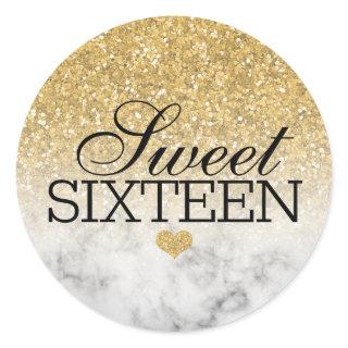 Gold Faux Glitter/Marble Sweet 16 Classic Round Sticker