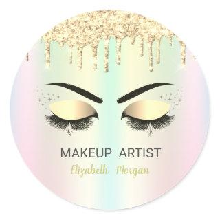 Gold Faux Lashes,Gold Drips Holographic Classic Round Sticker