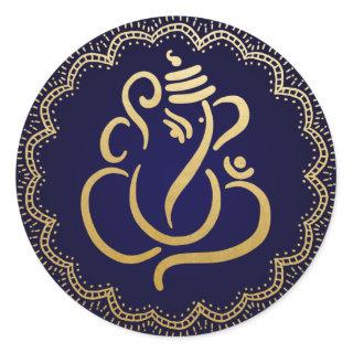 Gold Festive Ganesh | Indian God Blue Classic Round Sticker