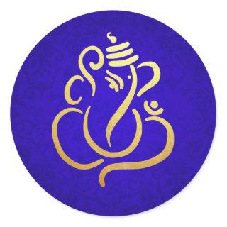 Gold Festive Ganesh | Indian God Damask Blue Classic Round Sticker
