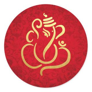 Gold Festive Ganesh | Indian God Damask Red Classic Round Sticker