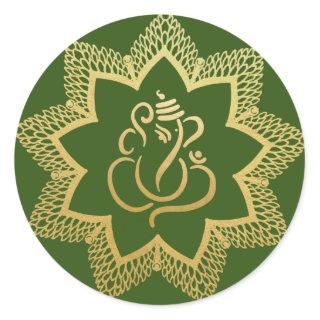 Gold Festive Ganesh | Indian God Green Classic Round Sticker