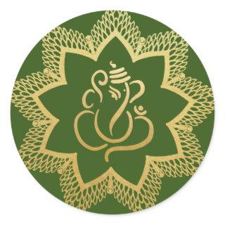 Gold Festive Ganesh | Indian God Green Classic Round Sticker