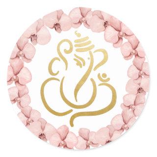 Gold Festive Ganesh| Indian God Pink Orchids Classic Round Sticker