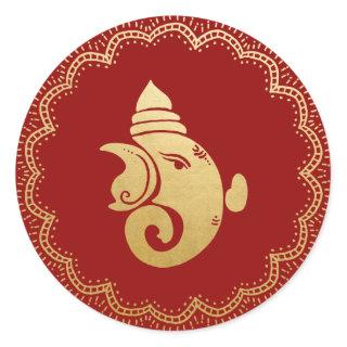 Gold Festive Ganesh | Indian God Red Elegant Classic Round Sticker
