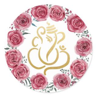 Gold Festive Ganesh| Indian God Red Roses Wreath Classic Round Sticker