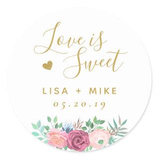 Gold Floral Love is Sweet Wedding Favor Classic Round Sticker