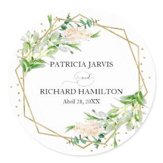 Gold Foil Geometric Greenery Elegant Wedding Classic Round Sticker