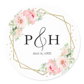 Gold Foil Monogram Geometric Blush Floral Wedding Classic Round Sticker