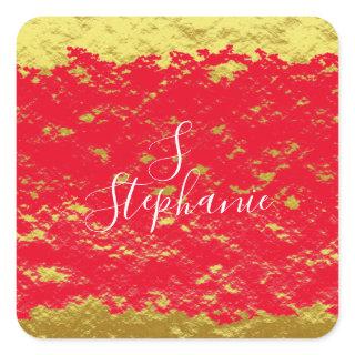 Gold Foil Red Glittery Sparkles Monogram Initials Square Sticker