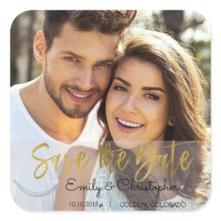 Gold Foil Script Wedding Save the Date Photo Square Sticker