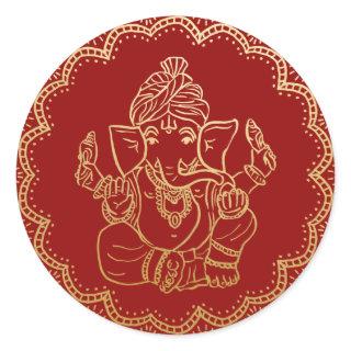 Gold Ganesh | Indian God Red Wedding Classic Round Sticker