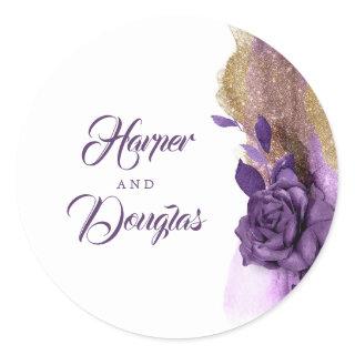 Gold Glitter and Eggplant Purple Wedding Classic Round Sticker