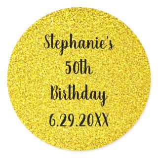 Gold Glitter Black Happy Birthday Custom Name Age Classic Round Sticker