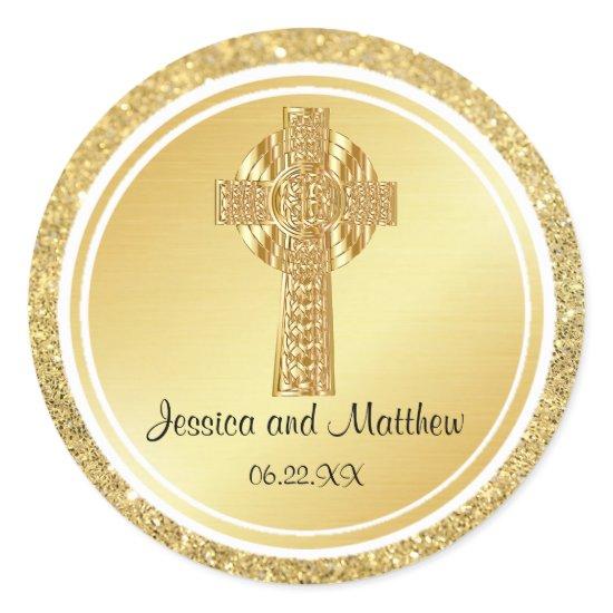 Gold Glitter Christian Wedding Sticker with Cross