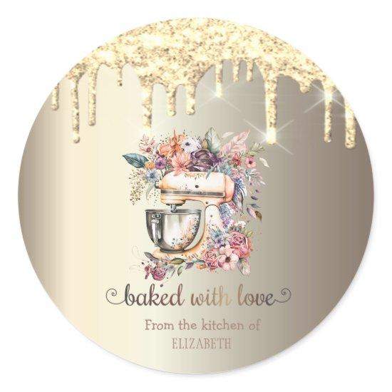 Gold Glitter Drips Floral Mixer Kitchen  Classic Round Sticker
