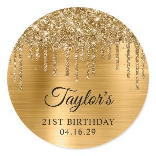 Gold Glitter Drips Metallic 21st Birthday Classic Round Sticker