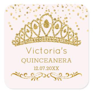 Gold glitter effect tiara,  confetti Quinceanera Square Sticker