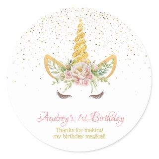 Gold Glitter | Floral Unicorn Horn Birthday Baby Classic Round Sticker