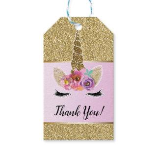 Gold Glitter Glam Unicorn Floral Pink Party Favor Gift Tags