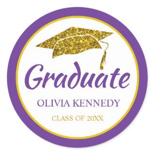 Gold Glitter Graduation Hat Purple Graduate Name Classic Round Sticker