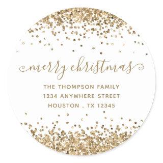 Gold Glitter Merry Christmas Name Return Address Classic Round Sticker